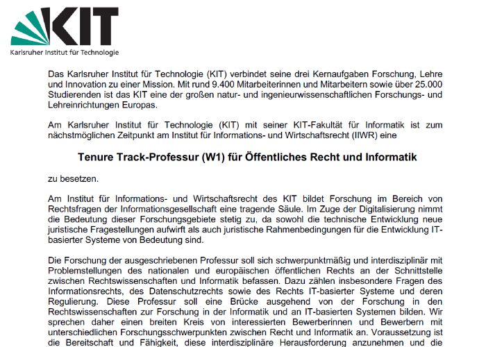 Tenure Track-Professur (W1) für Öffentliches Recht und Informatik